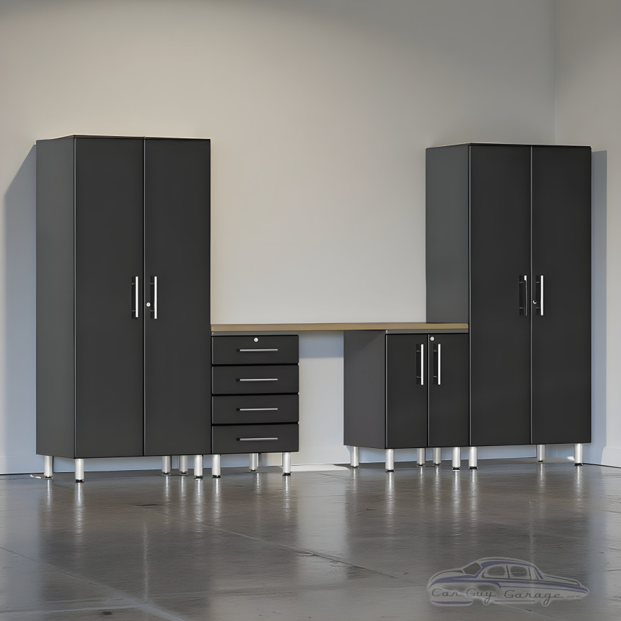 Black Modular 5-Piece Garage Cabinet Set with Bamboo Workbench, 142in