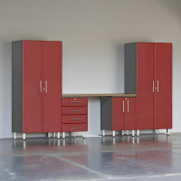 Red Modular 142 in 5-Piece Garage Cabinet Workstation with Bamboo Top