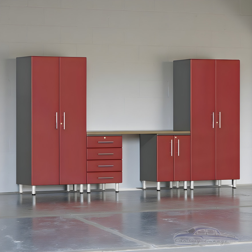 Red Modular 142 in 5-Piece Garage Cabinet Workstation with Bamboo Top