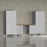 Silver Modular 5-Piece Garage Cabinet Set with Bamboo Worktop