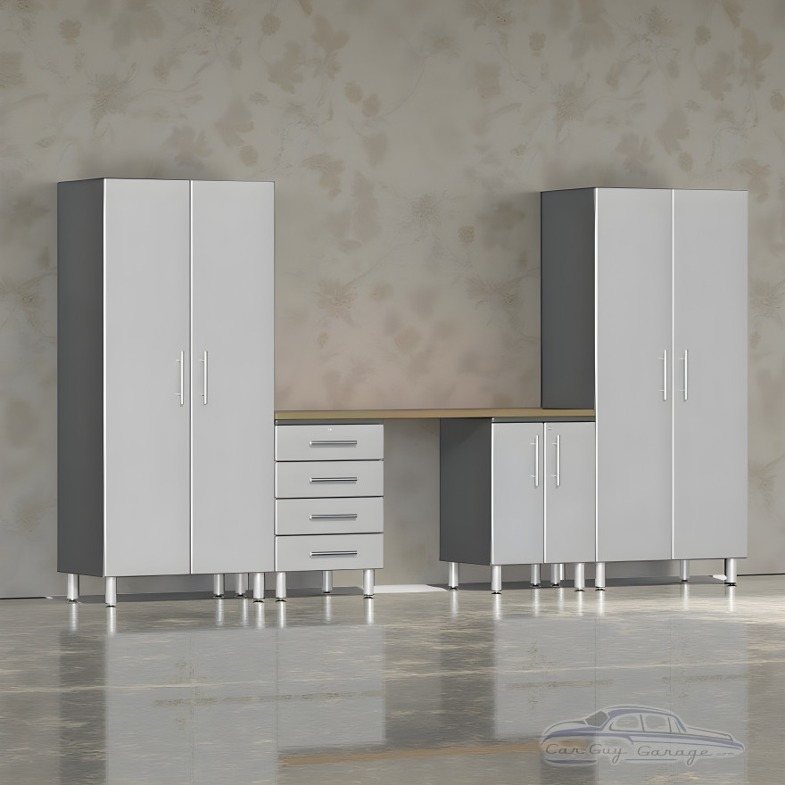Silver Modular 5-Piece Garage Cabinet Set with Bamboo Worktop