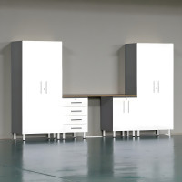 White Modular 5-Piece Garage Cabinet Set with Workbench & Tall Closets