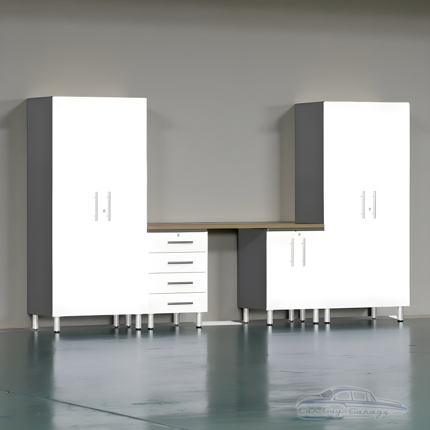 White Modular 5-Piece Garage Cabinet Set with Workbench & Tall Closets