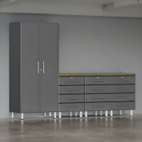 Grey Modular 5-Piece Garage Cabinet Set w/ Tall Cabinet & Bamboo Top