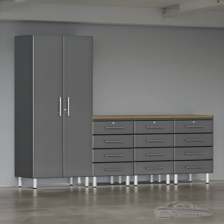 Grey Modular 5-Piece Garage Cabinet Set w/ Tall Cabinet & Bamboo Top