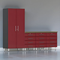 Red Modular 5-Piece Garage Cabinets with Drawers and Workbench Set