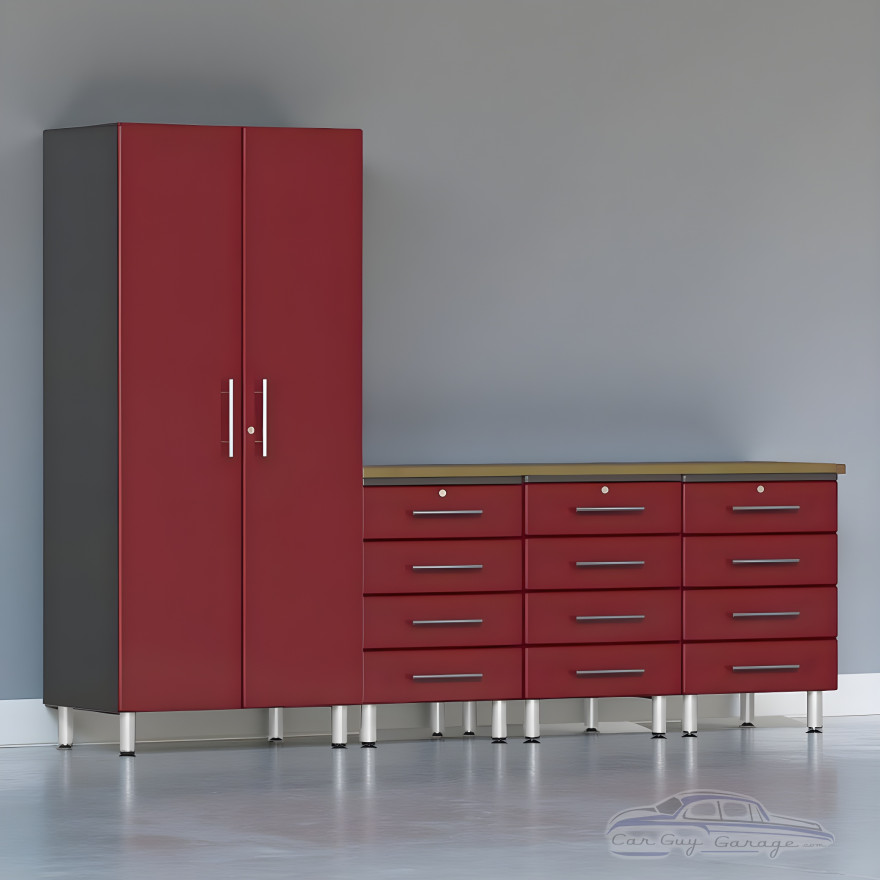 Red Modular 5-Piece Garage Cabinets with Drawers and Workbench Set