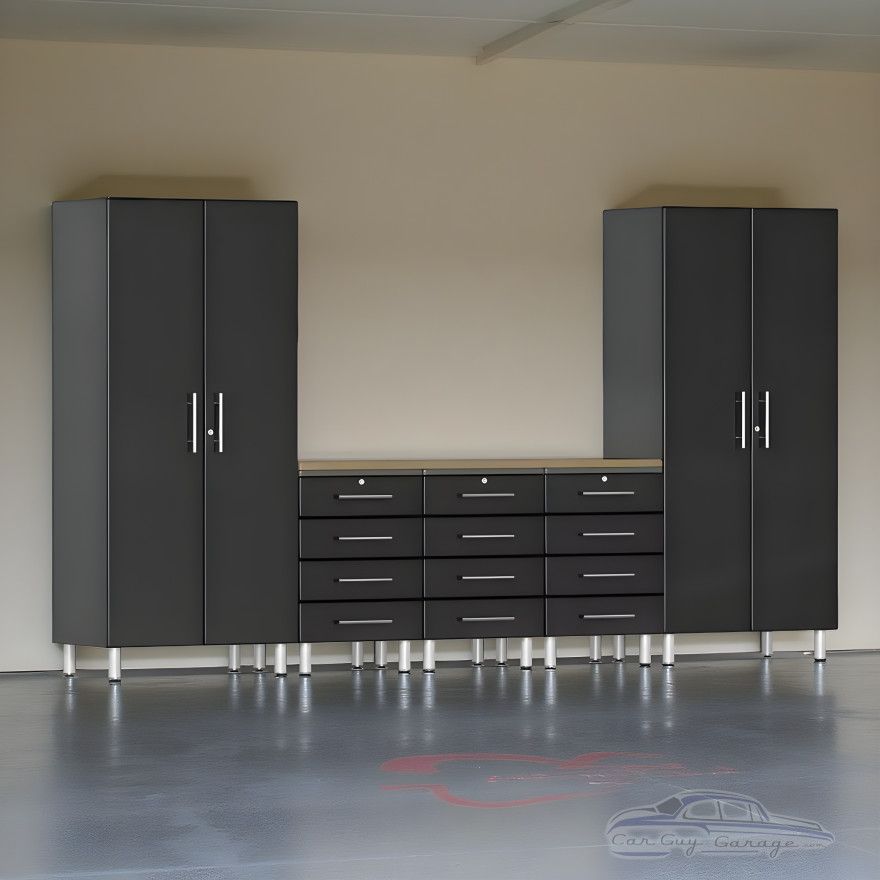 Black Modular 6-Piece Garage Cabinet Set w/ Tall Closets & Workbench