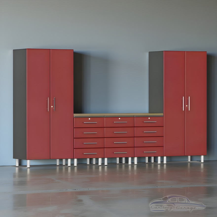 Red Modular 6-Piece Garage Cabinet Set with Bamboo Worktop