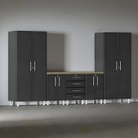 Black Modular 6-Piece Garage Cabinet Workstation with Butcher Block