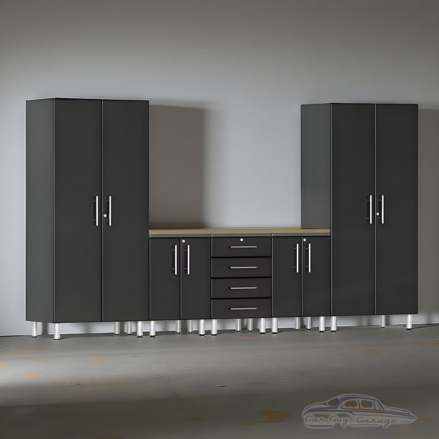 Black Modular 6-Piece Garage Cabinet Workstation with Butcher Block