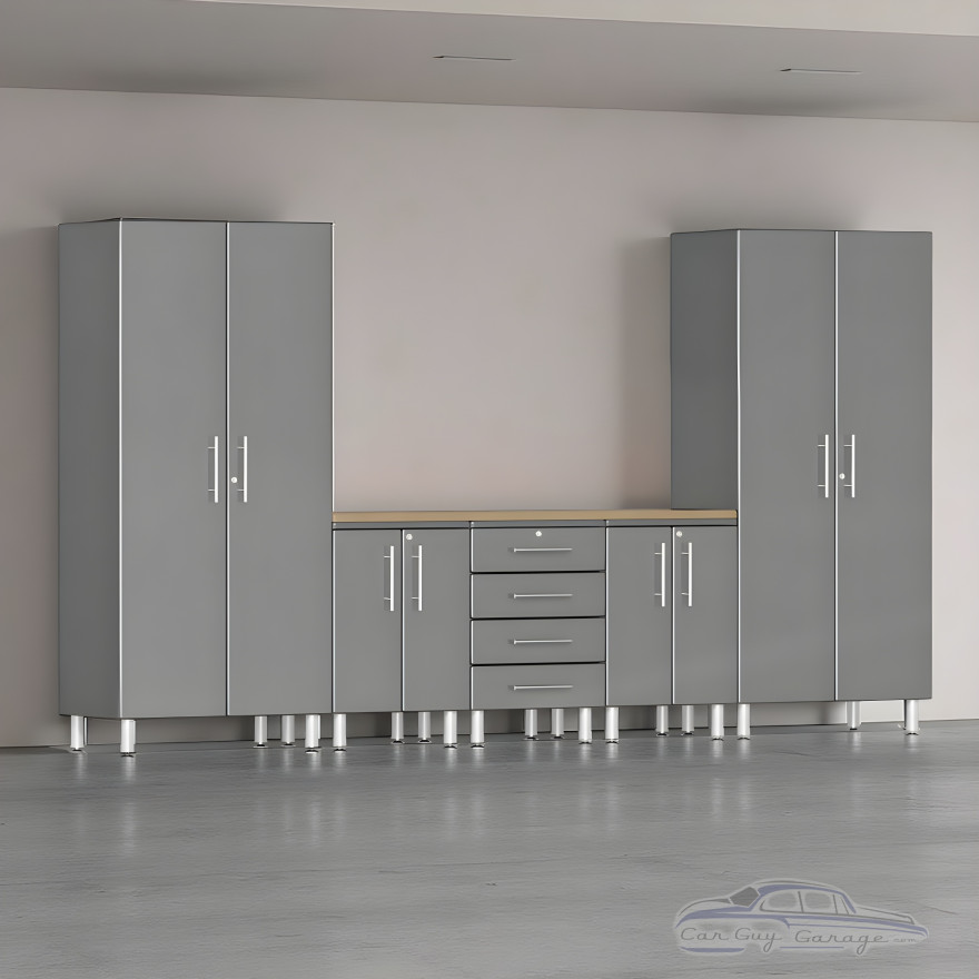 Grey Modular 6-Piece Garage Cabinet Set with Workbench & Tall Closets