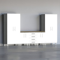 White Modular 6-Piece Garage Cabinet Set with Bamboo Worktop