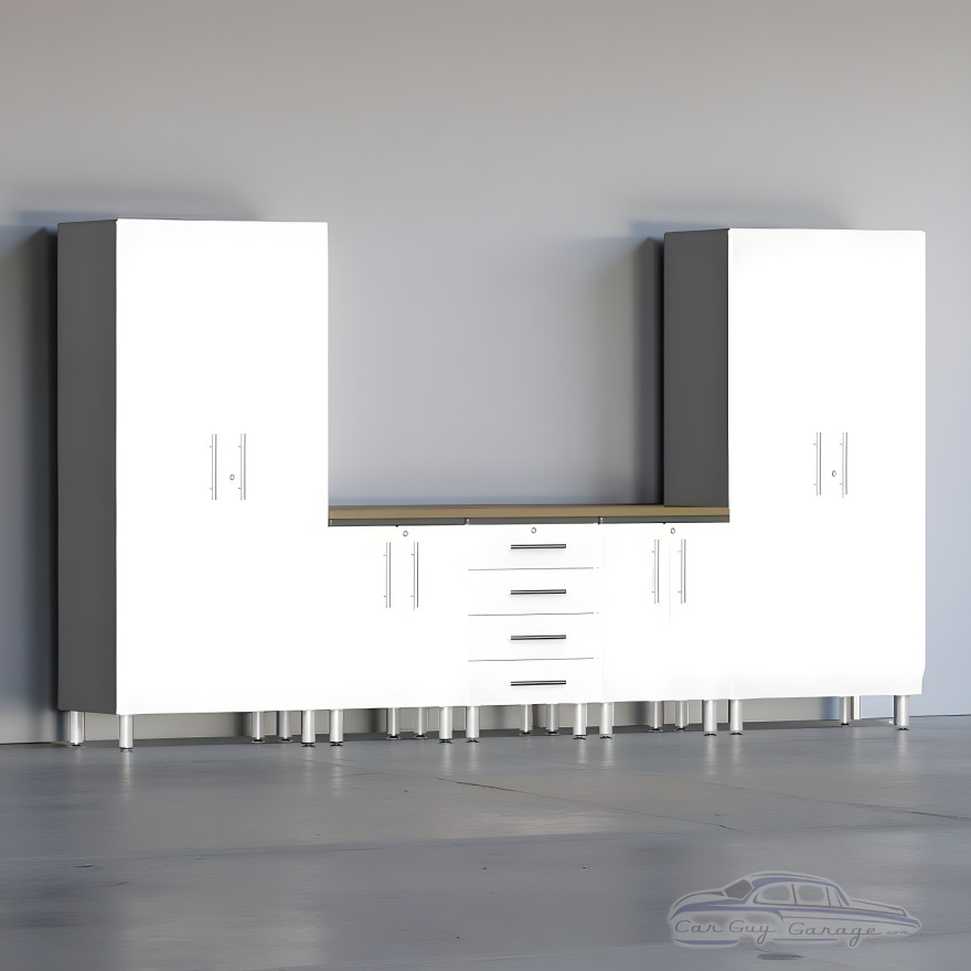 White Modular 6-Piece Garage Cabinet Set with Bamboo Worktop
