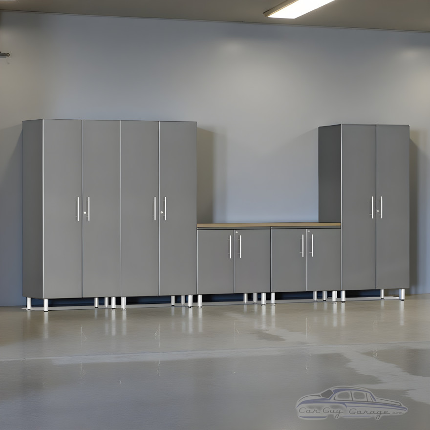 Grey Modular 6-Piece Garage Cabinet Set with Tall Cabinets & Workbench