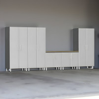 Silver Modular 6-Piece Garage Cabinet Set w/ Workbench, 3 Tall, 2 Base