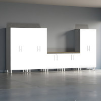 White Modular 6-Piece Garage Cabinet Workbench Set with Bamboo Top