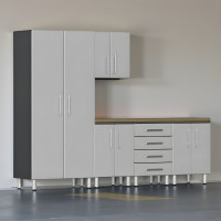 Silver Modular 6-Piece Garage Cabinet Set with Workbench, Tall Closet