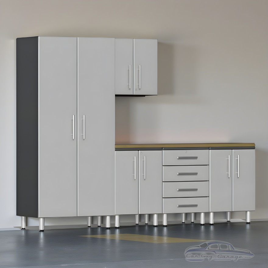Silver Modular 6-Piece Garage Cabinet Set with Workbench, Tall Closet