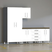 White Modular 6-Piece Garage Cabinet Set with Bamboo Workbench Top