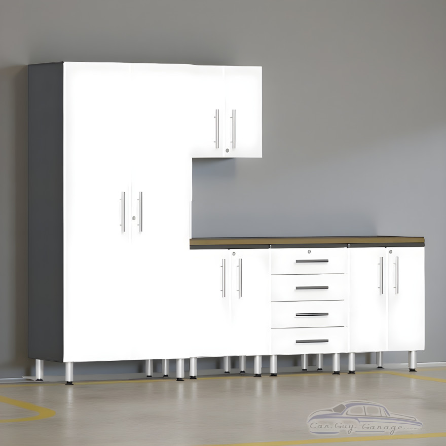 White Modular 6-Piece Garage Cabinet Set with Bamboo Workbench Top