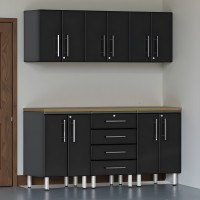 Black Modular 7-Piece, 71-Inch Garage Cabinet Set with Bamboo Worktop