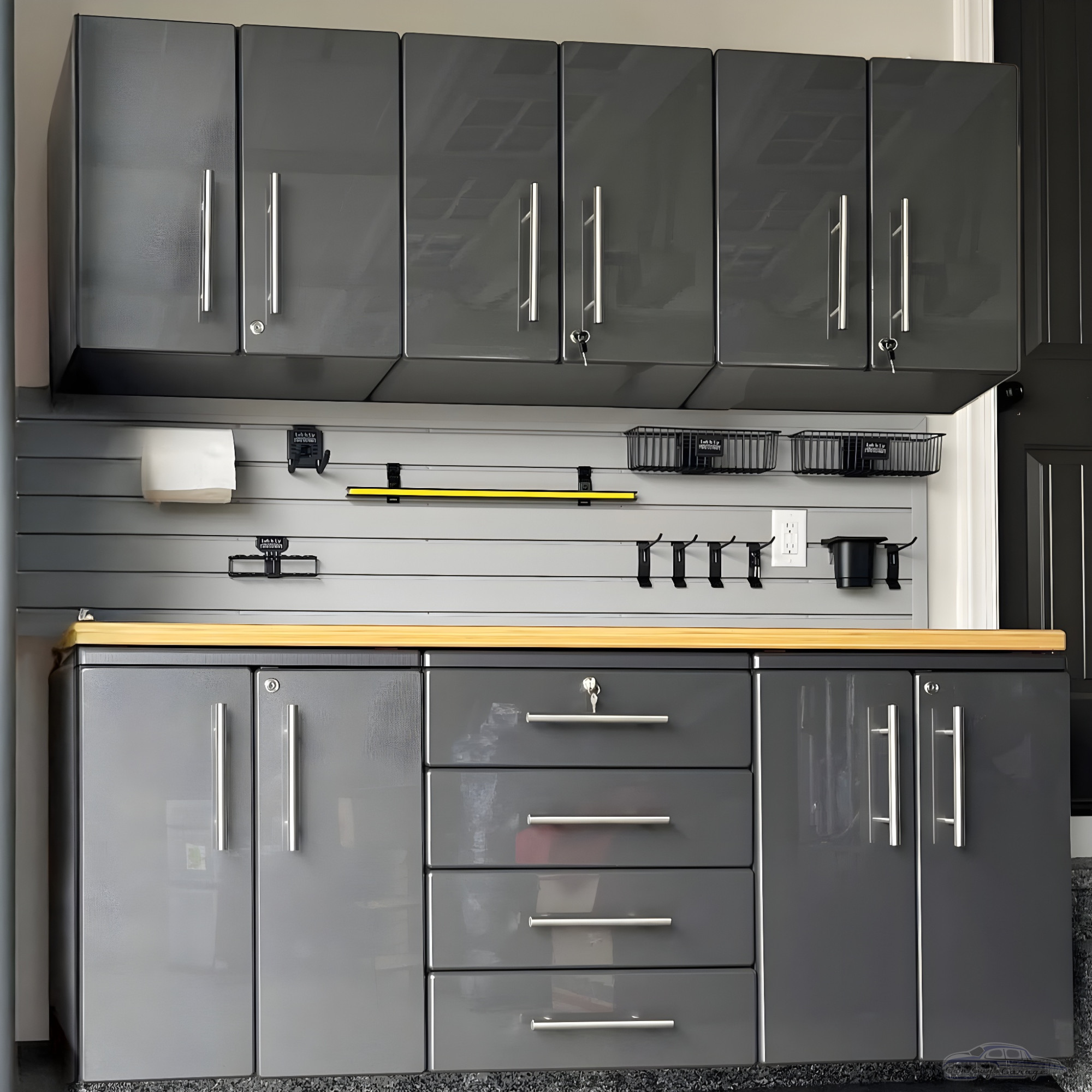 Grey Modular 7-Piece Garage Cabinets with Bamboo Top