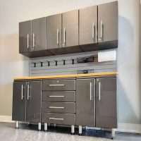 Grey Modular 7-Piece Garage Cabinets with Bamboo Top