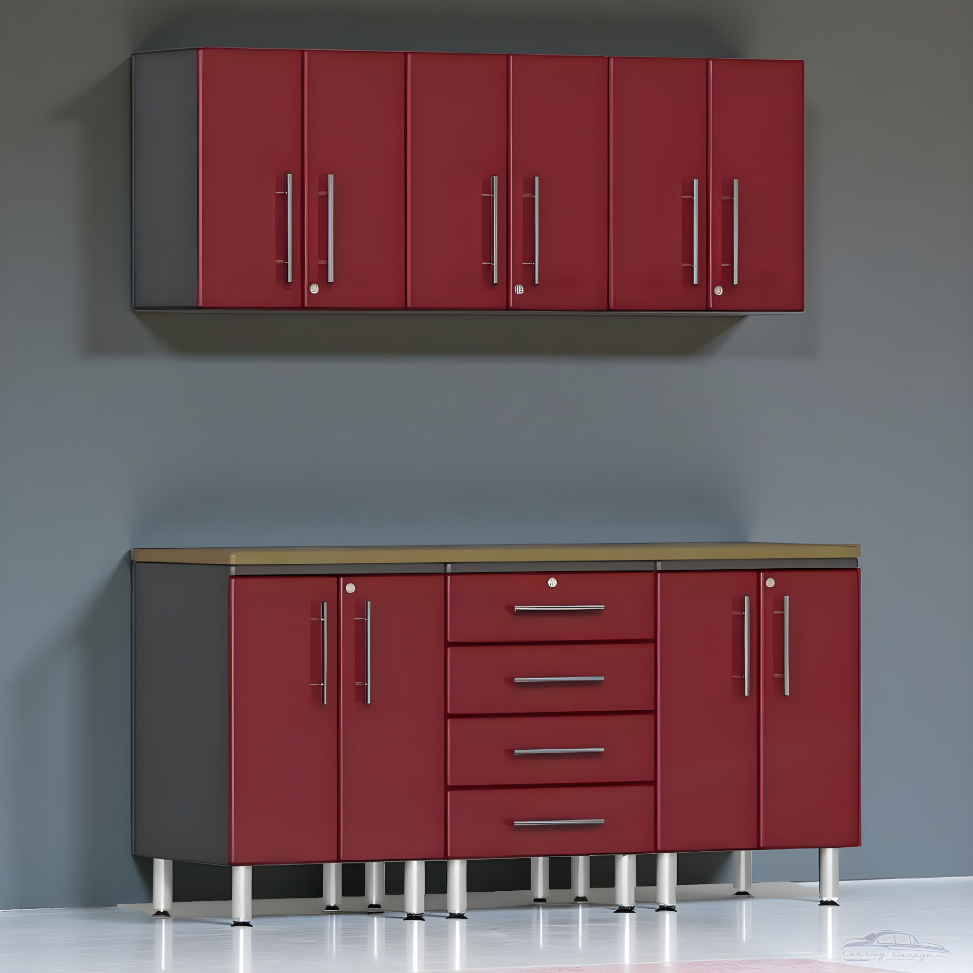 Red Modular 7-Piece Garage Cabinet Workstation with Bamboo Worktop