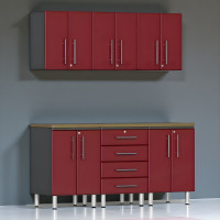 Red Modular 7-Piece Garage Cabinet Workstation with Bamboo Worktop