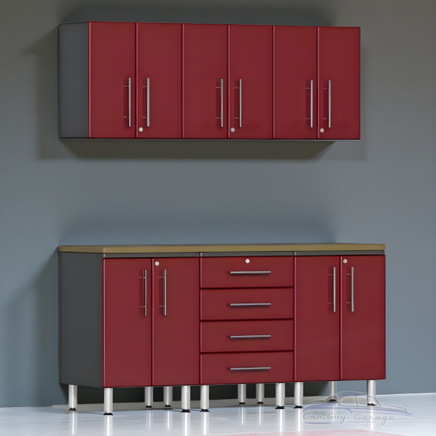 Red Modular 7-Piece Garage Cabinet Workstation with Bamboo Worktop