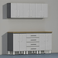Silver Modular 7-Piece Garage Cabinet Set with Bamboo Worktop