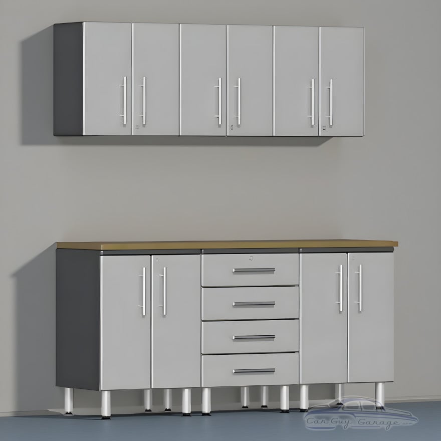 Silver Modular 7-Piece Garage Cabinet Set with Bamboo Worktop