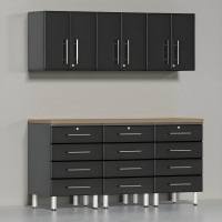 Black Modular 7-Piece Garage Cabinet Set with 12 Drawers & Bamboo Top