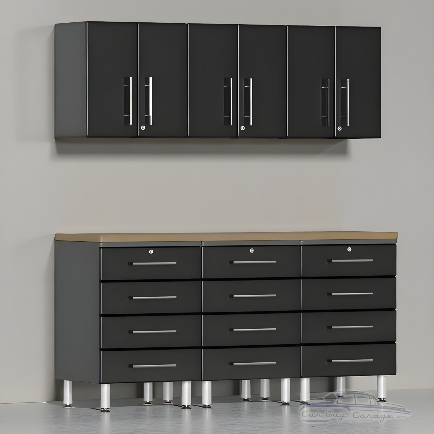Black Modular 7-Piece Garage Cabinet Set with 12 Drawers & Bamboo Top