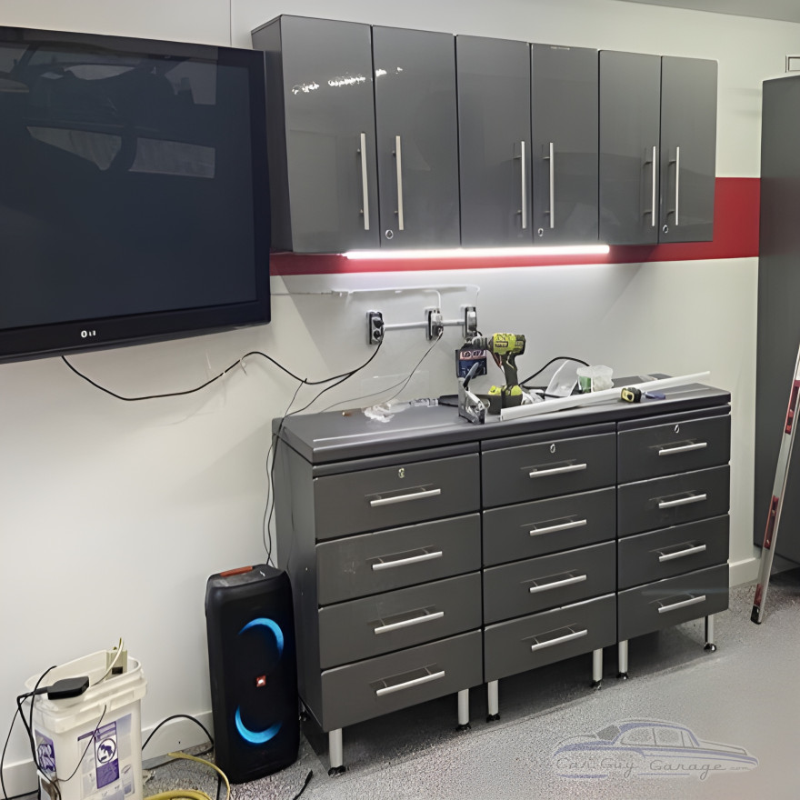 Grey Modular 7-Piece Garage Cabinet Workstation with Bamboo Top