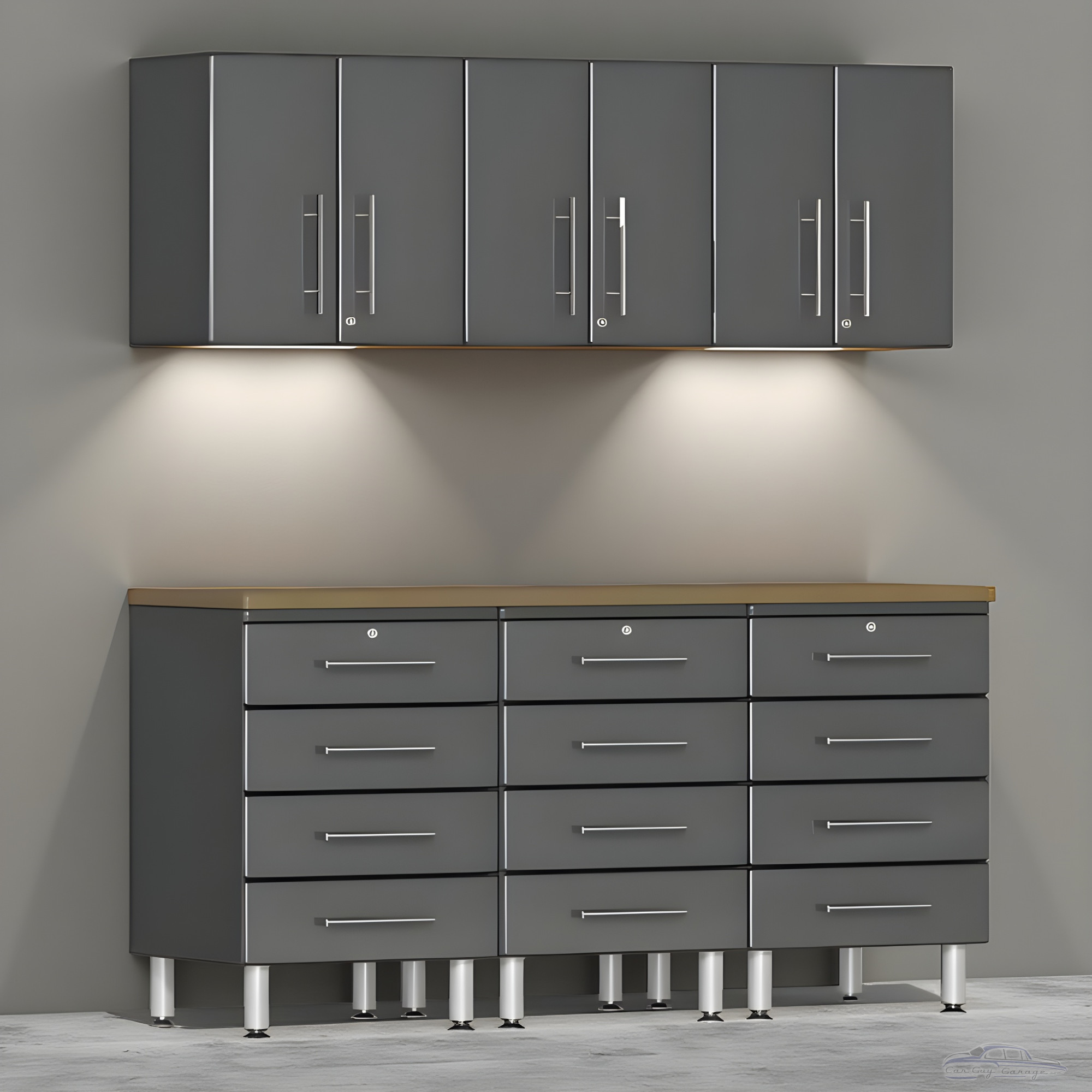 Grey Modular 7-Piece Garage Cabinet Workstation with Bamboo Top