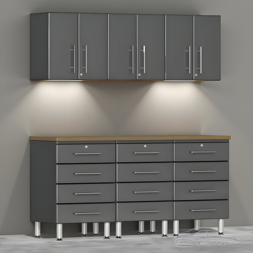 Grey Modular 7-Piece Garage Cabinet Workstation with Bamboo Top