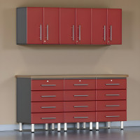 Red Modular 7-Pc Garage Cabinets, 72in Bamboo Top, Wall & Base Drawers