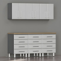Silver Modular 7-Piece Garage Cabinet Set with Bamboo Worktop