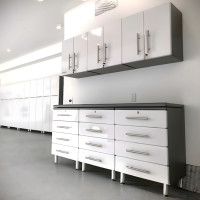 White Modular 7-Piece Garage Cabinet Workstation with Bamboo Top