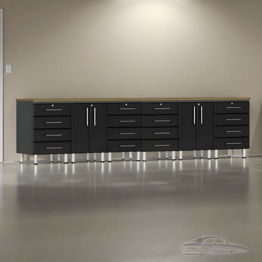 Black Modular 8-Piece Garage Workbench Cabinet Set (Bamboo Top)