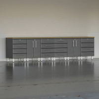 Grey Modular 8-Piece Garage Workbench Cabinet Set with Bamboo Top
