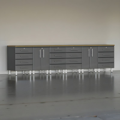 Grey Modular 8-Piece Garage Workbench Cabinet Set with Bamboo Top