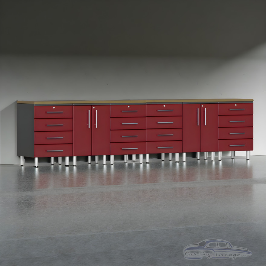 Red Modular 8-Piece Bamboo Top Workbench Cabinet Set - 142 in