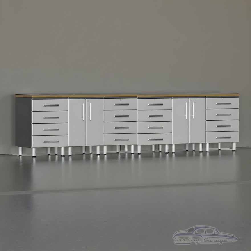 Silver Modular 8-Piece Garage Cabinet Workstation w/ Bamboo Top 142-in