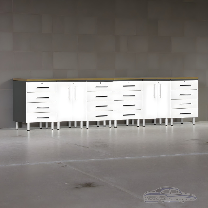 White Modular 8-Piece Workbench Cabinet Set with Bamboo Top