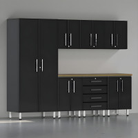 Black Modular 8-Pc Garage Cabinet Set with Bamboo Butcher Block Top