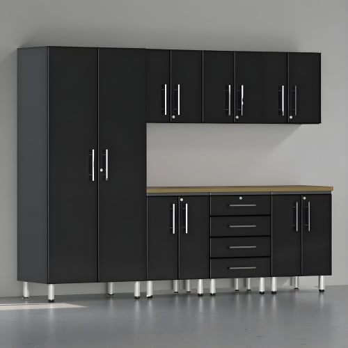 Black Modular 8-Piece Cabinet Kit with Bamboo Worktop