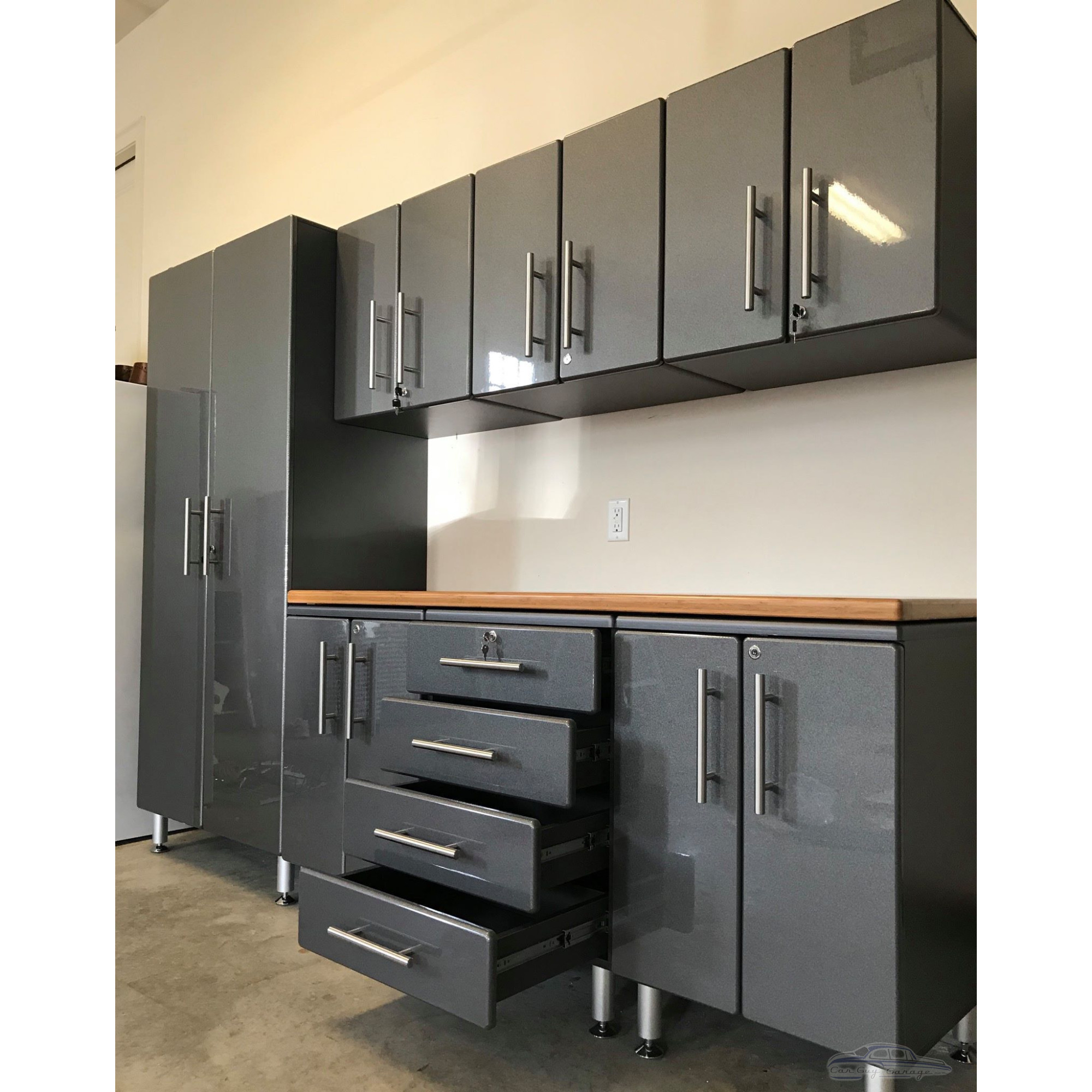 Grey Modular 8-Piece Garage Cabinet Set with Bamboo Butcher Block Top